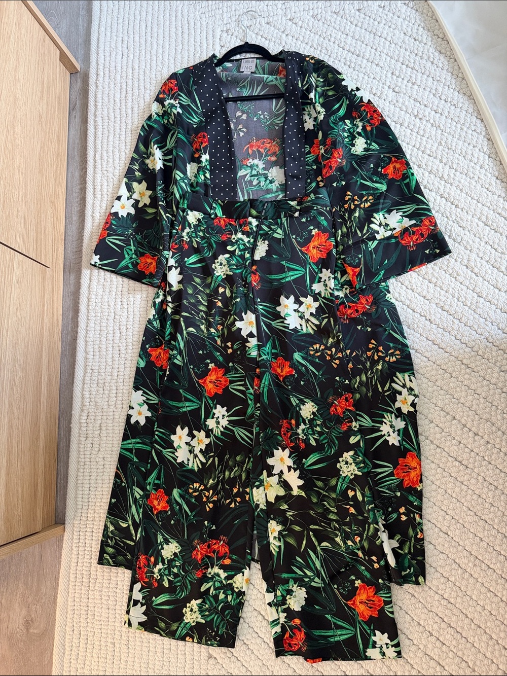 Floral Black Satin Kimono Robe and Pants Set